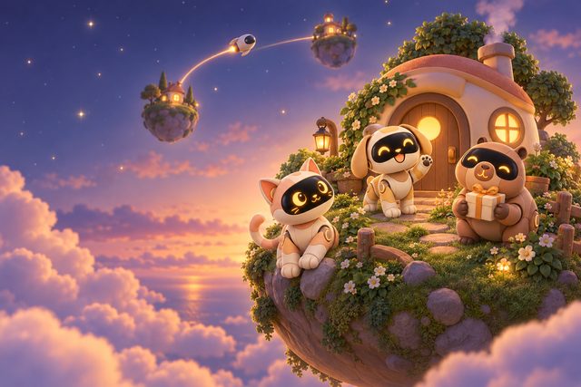 Concept art: a robot puppy waves from a little cottage on a tiny planet at dusk, a robot cat sits on the edge and a robot capybara holds a gift, while a small shuttle flies between distant planets