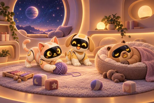 Concept art: in a cozy round room, a robot cat plays with yarn, a robot puppy sits nearby and a robot capybara naps in a plush bed