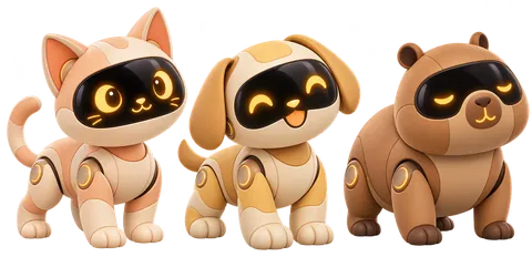 Concept art: three original robot pets, a peach cat, a honey puppy and a caramel capybara, each with a glowing-eyed visor face