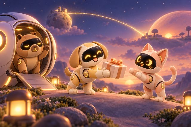 Concept art: a robot puppy steps off a little shuttle onto a friend's planet and offers a wrapped gift to a delighted robot cat